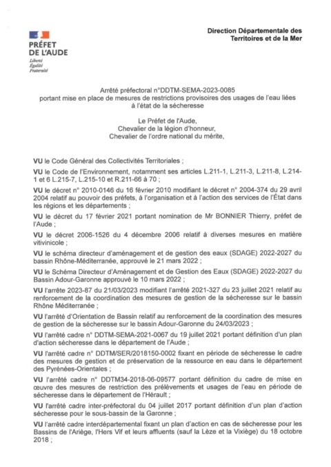 Arrêté préfectoral – mesures de restriction provisoire des usages de l’eau – 21 juillet 2023