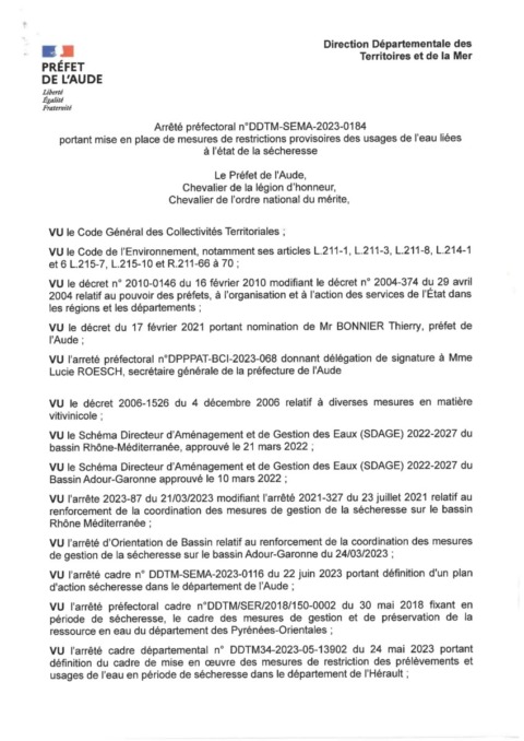 Arrêté préfectoral – restriction provisoire des usages de l’eau