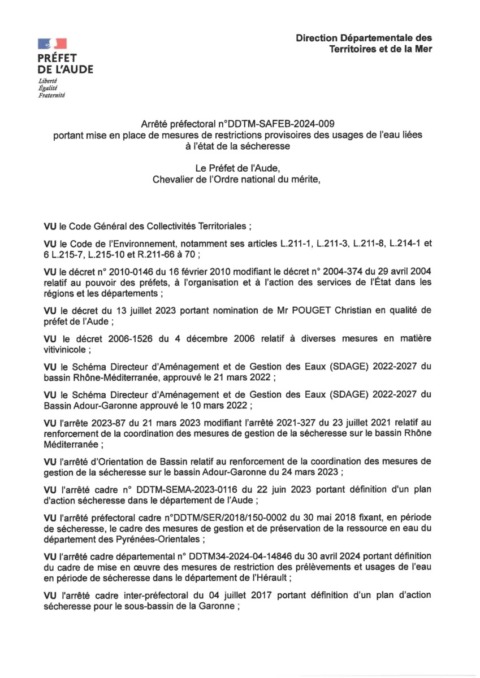 Arrêté préfectoral – restrictions provisoires des usages de l’eau liées à l’état de sécheresse