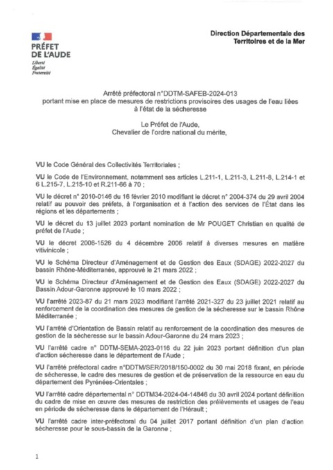 Arrêté préfectoral – restrictions provisoires des usages de l’eau liées à l’état de sécheresse